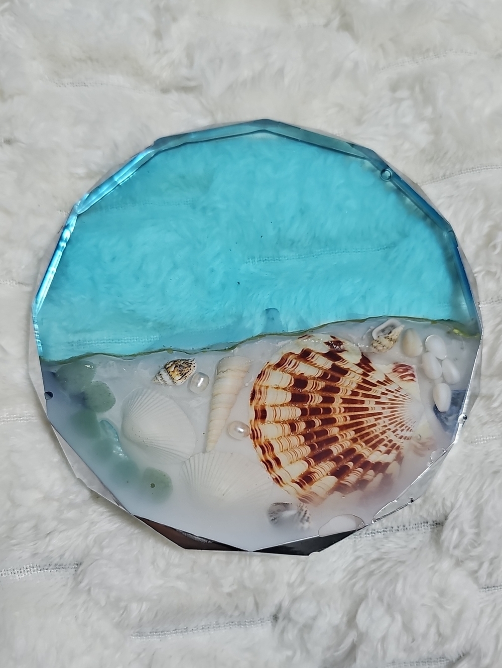 Beach Shell Resin Coaster- Blue & White